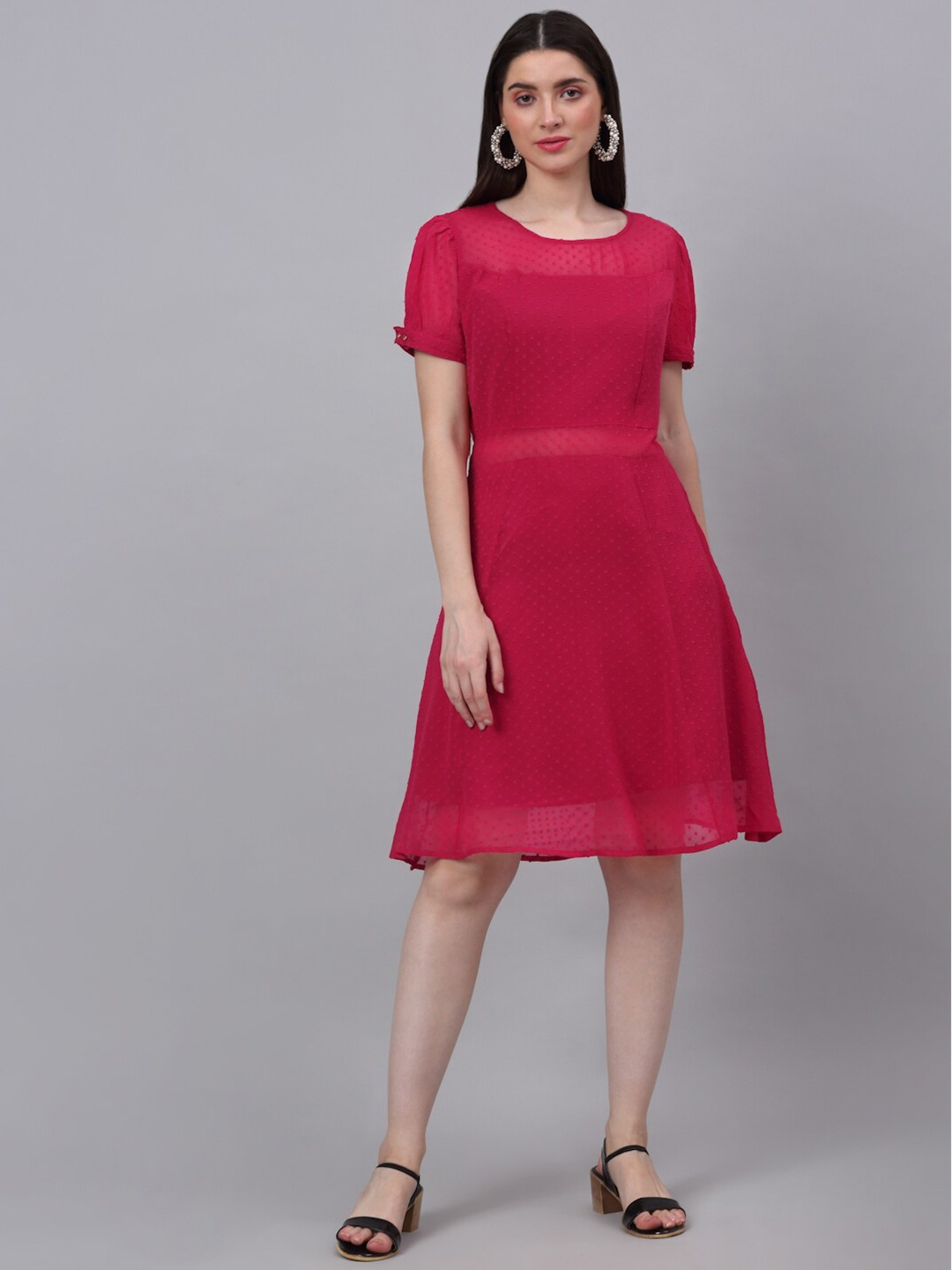 

NEUDIS Women Chiffon Fuchsia Red Self Design Fit & Flare Dress