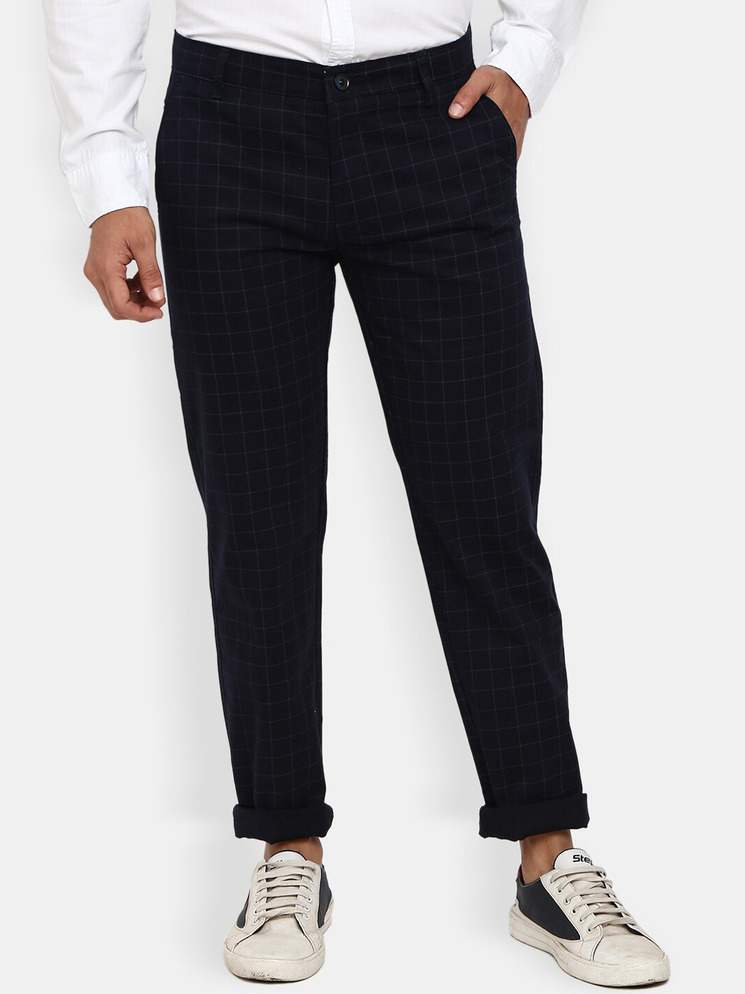 

V-Mart Men Navy Blue Checked Classic Slim Fit Trousers