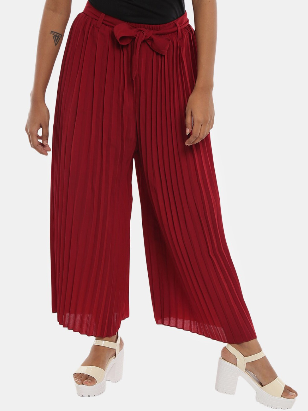 

V-Mart Women Maroon Classic Flared High-Rise Accordion Pleated Culottes Trousers