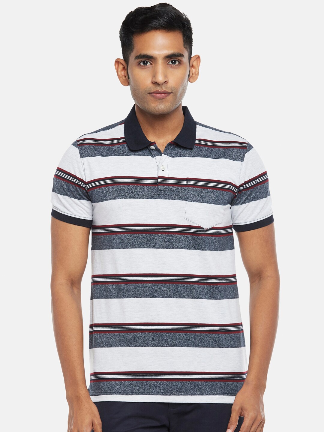 

BYFORD by Pantaloons Men White Striped Polo Collar T-shirt