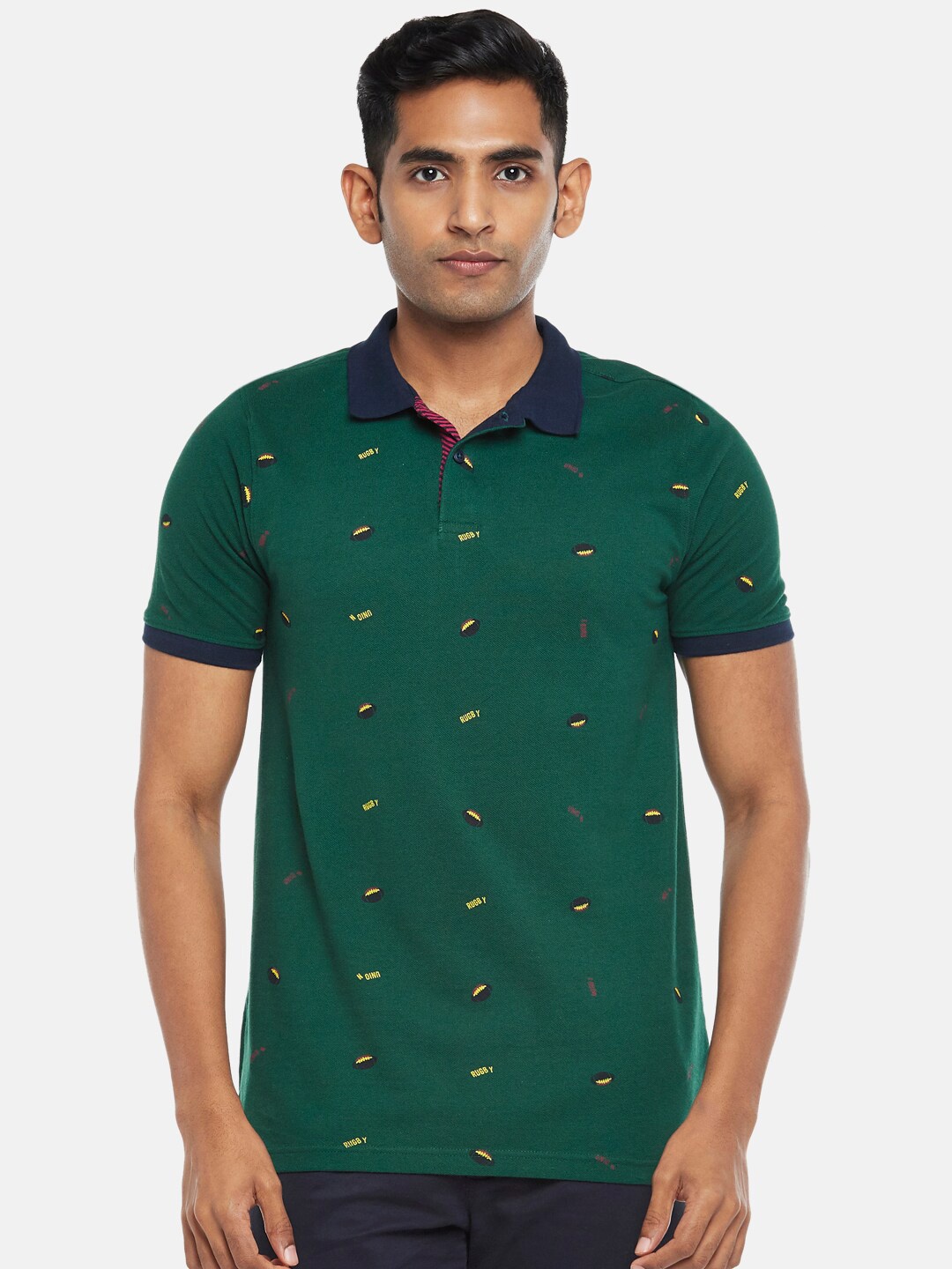 

BYFORD by Pantaloons Men Green & Blue Cotton Polo Collar T-shirt