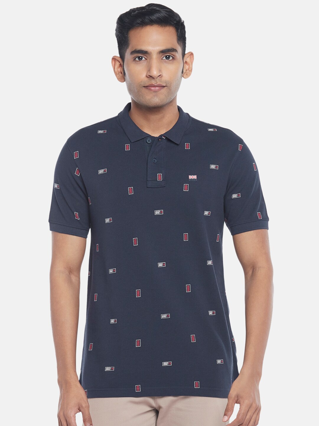 

BYFORD by Pantaloons Men Navy Blue & Pink Printed Polo Collar T-shirt