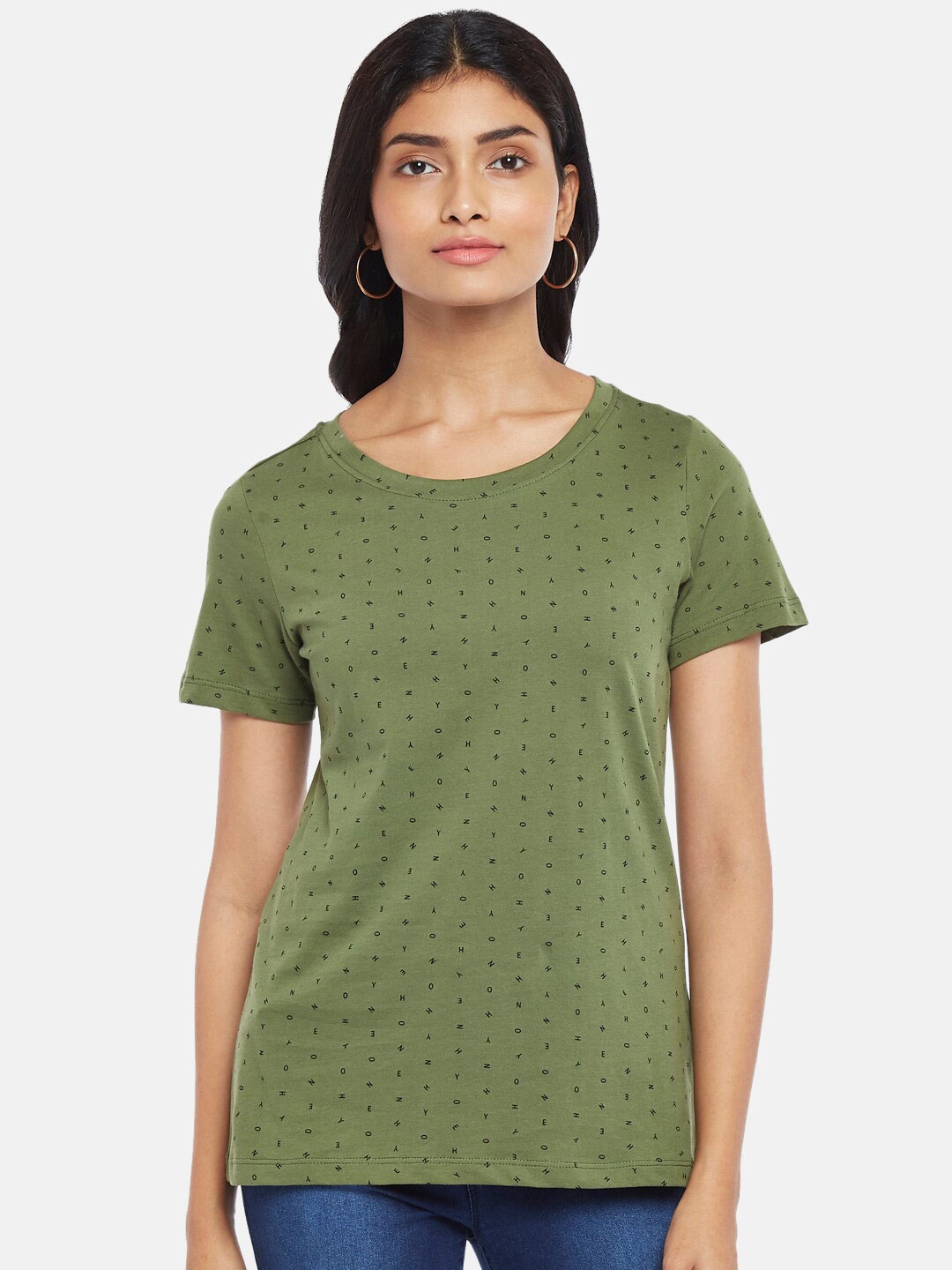 

Honey by Pantaloons Women Olive Green Printed T-shirt