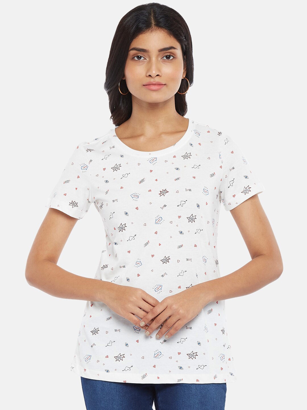 

Honey by Pantaloons Women Off White & Navy Blue Printed T-shirt