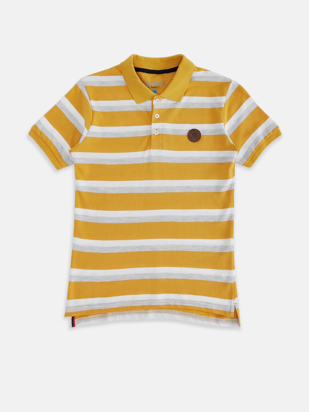 

Pantaloons Junior Boys Mustard Yellow & White Striped Polo Collar Applique T-shirt