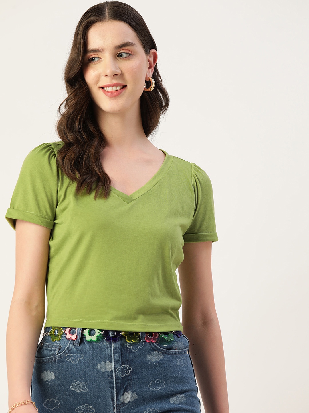 

DressBerry Puff Sleeves Solid Top, Green