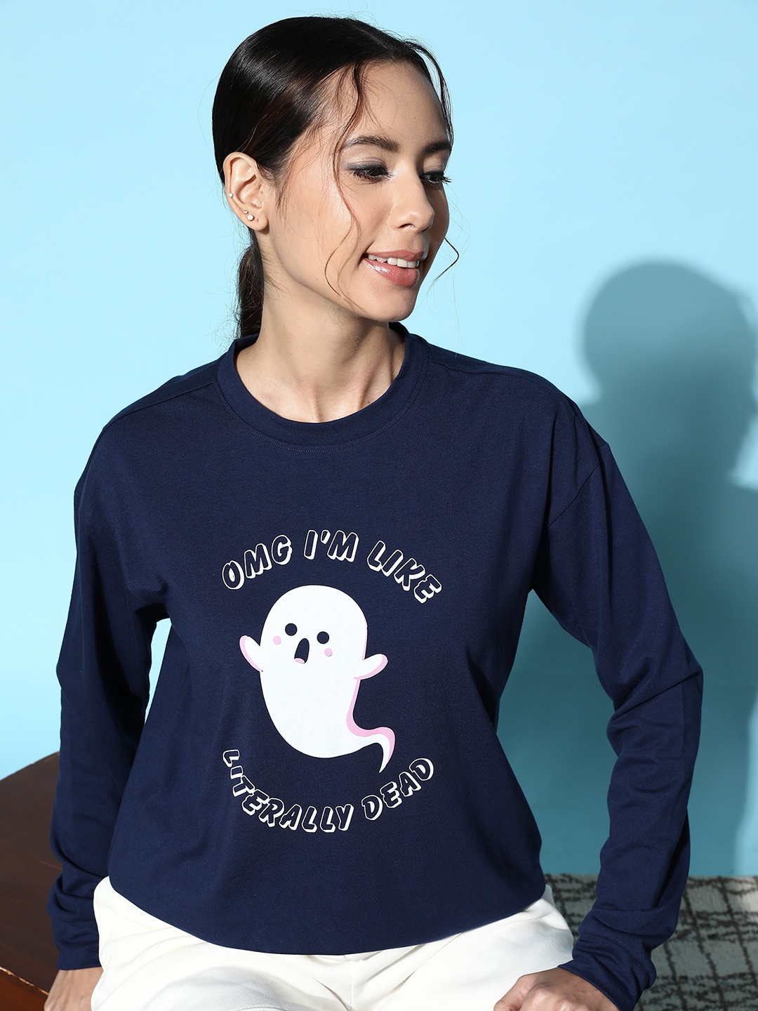 

DressBerry Graphic Printed Drop-Shoulder Lounge T-shirt, Navy blue