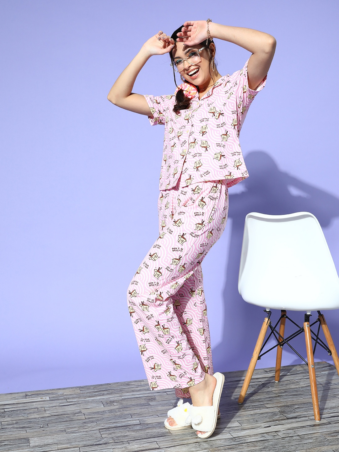 

DressBerry Women Pink & White Printed Night suit