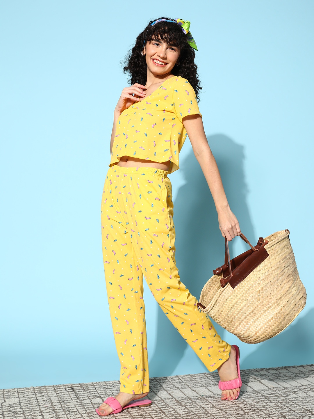 

DressBerry Women Conversational Printed Joyful Retreat Night suit, Yellow