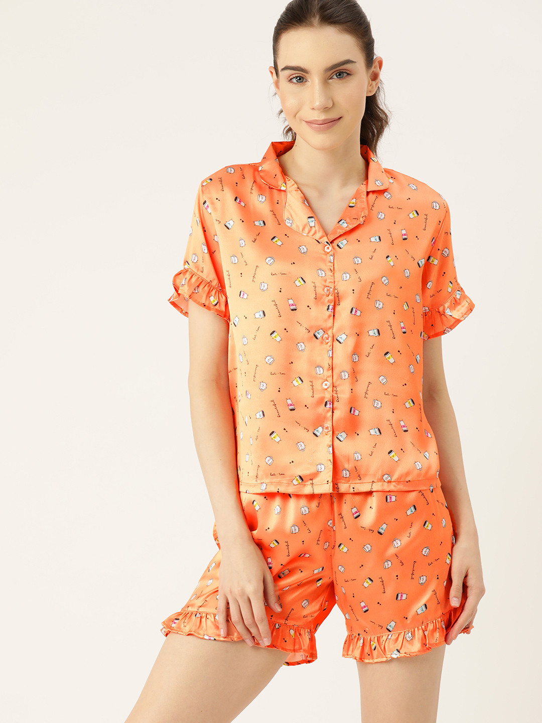 

DressBerry Women Satin Finish Printed Night suit, Orange
