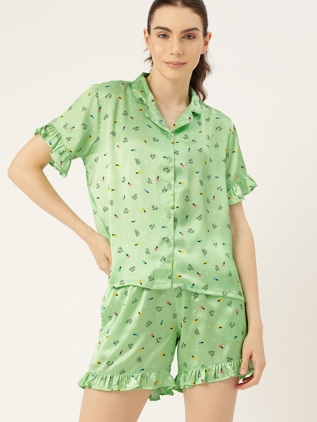 

DressBerry Women Satin Finish Printed Night suit, Green