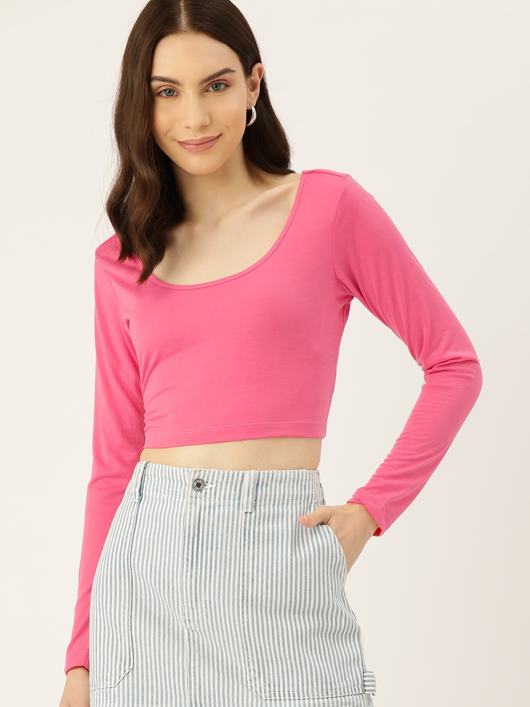 

DressBerry Scoop Neck Solid Crop Top, Pink