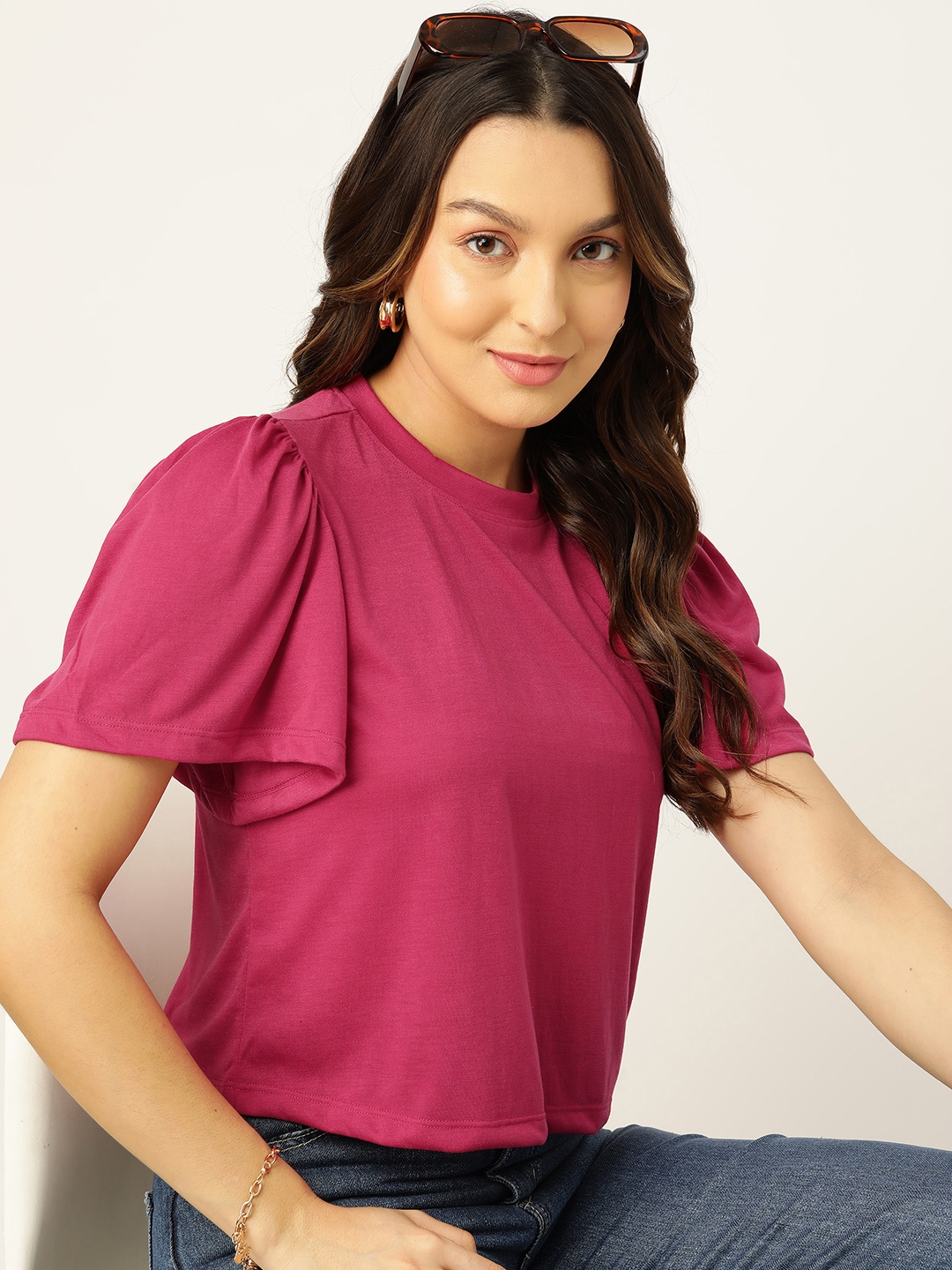 

DressBerry Solid Round Neck Top, Fuchsia