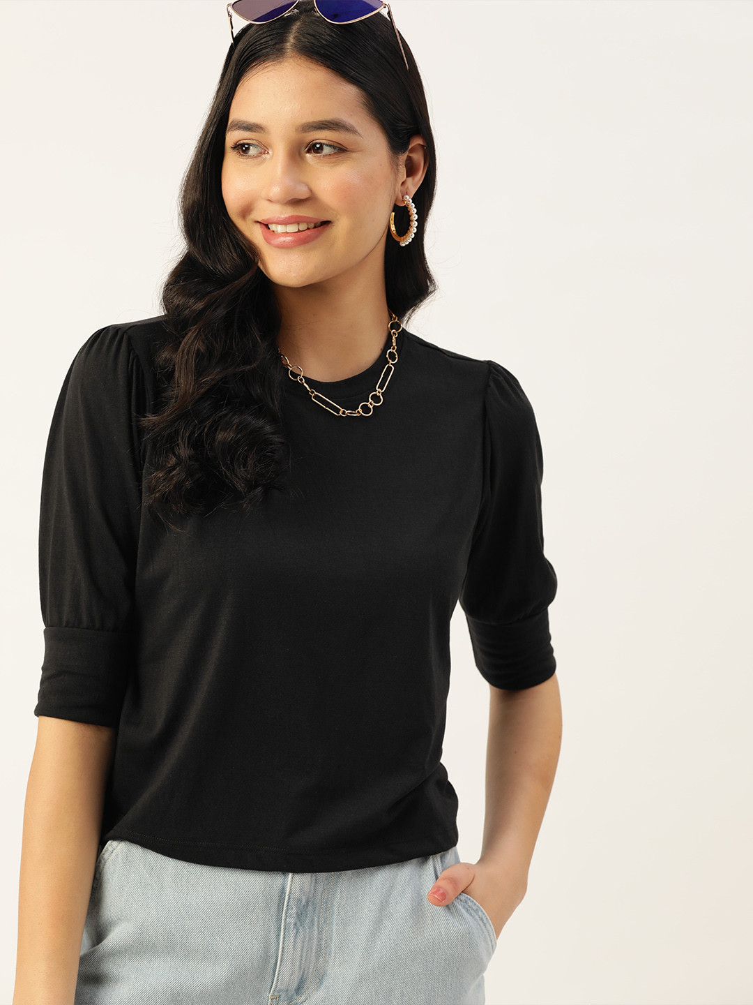 

DressBerry Puff Sleeves Regular Top, Black