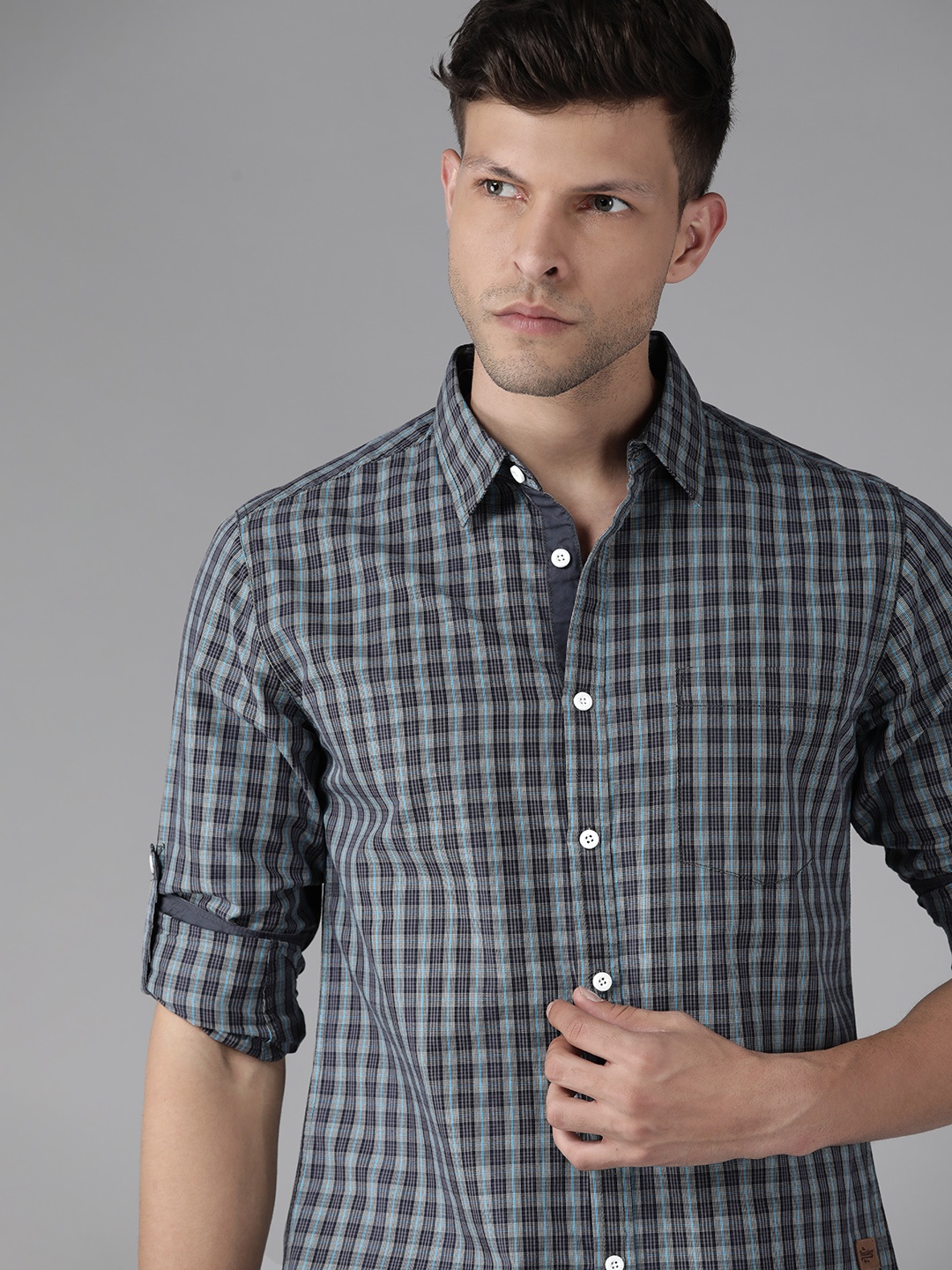 

Roadster Men Grey & Navy blue Comfort Tartan Checks Pure Cotton Casual Shirt