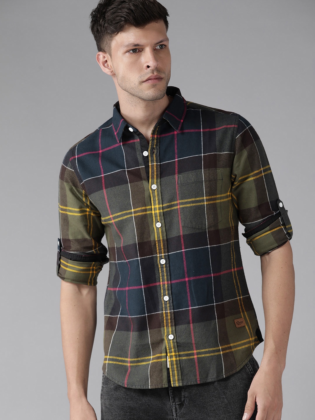 

Roadster Men Green & Navy Blue Comfort Grid Tattersall Checks Pure Cotton Casual Shirt