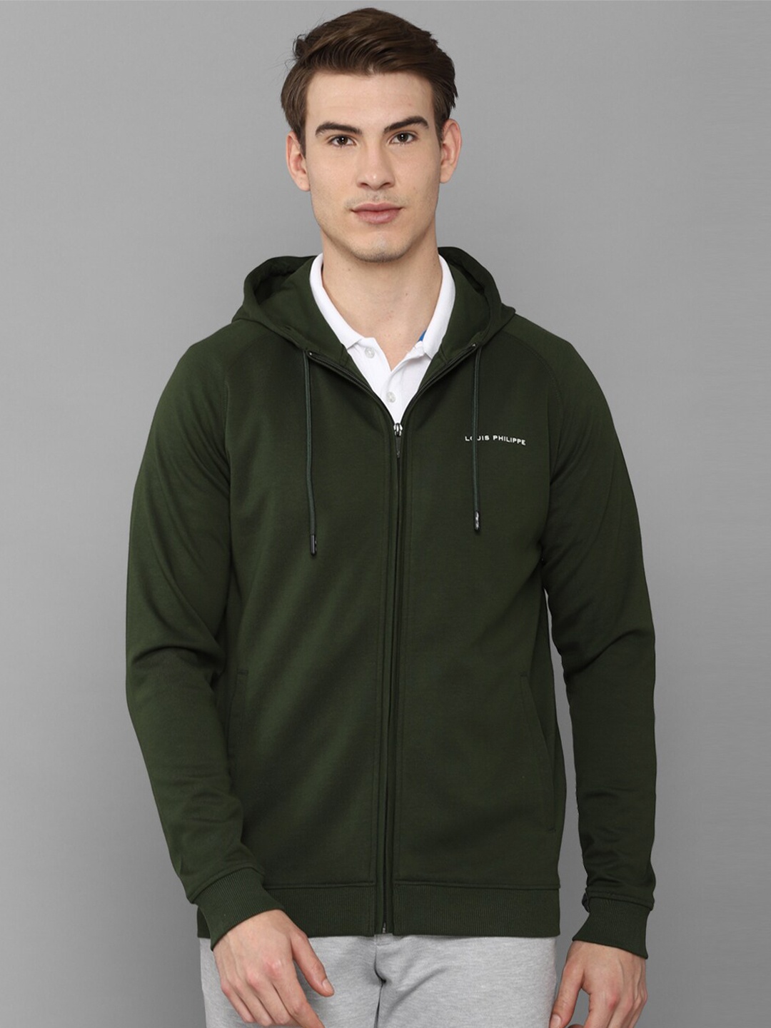 

Louis Philippe Men Olive Green Hooded Cotton Sweatshirt