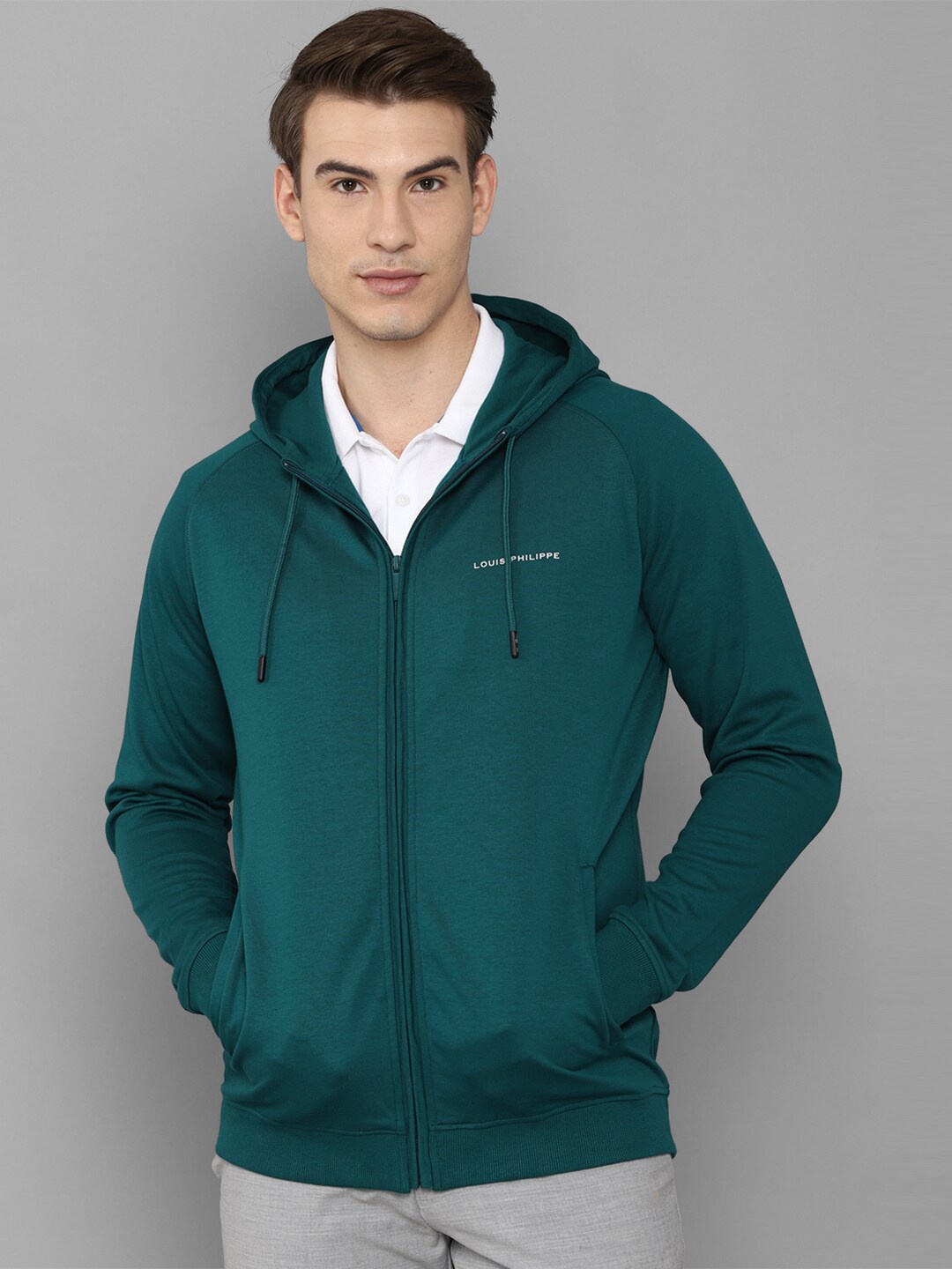 

Louis Philippe Men Green Hooded Pure Cotton Sweatshirt