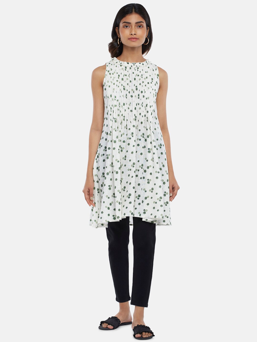 

People Women Off White & Green High Neck Printed Tunic