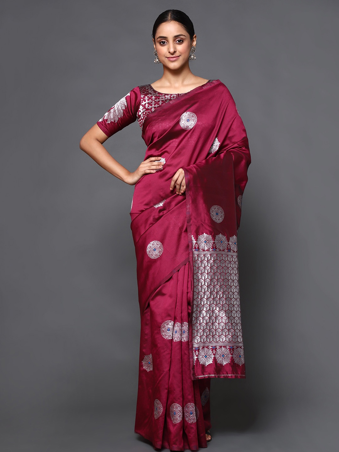 

Glemora Burgundy & Silver-Toned Woven Design Zari Art Silk Kanjeevaram Saree