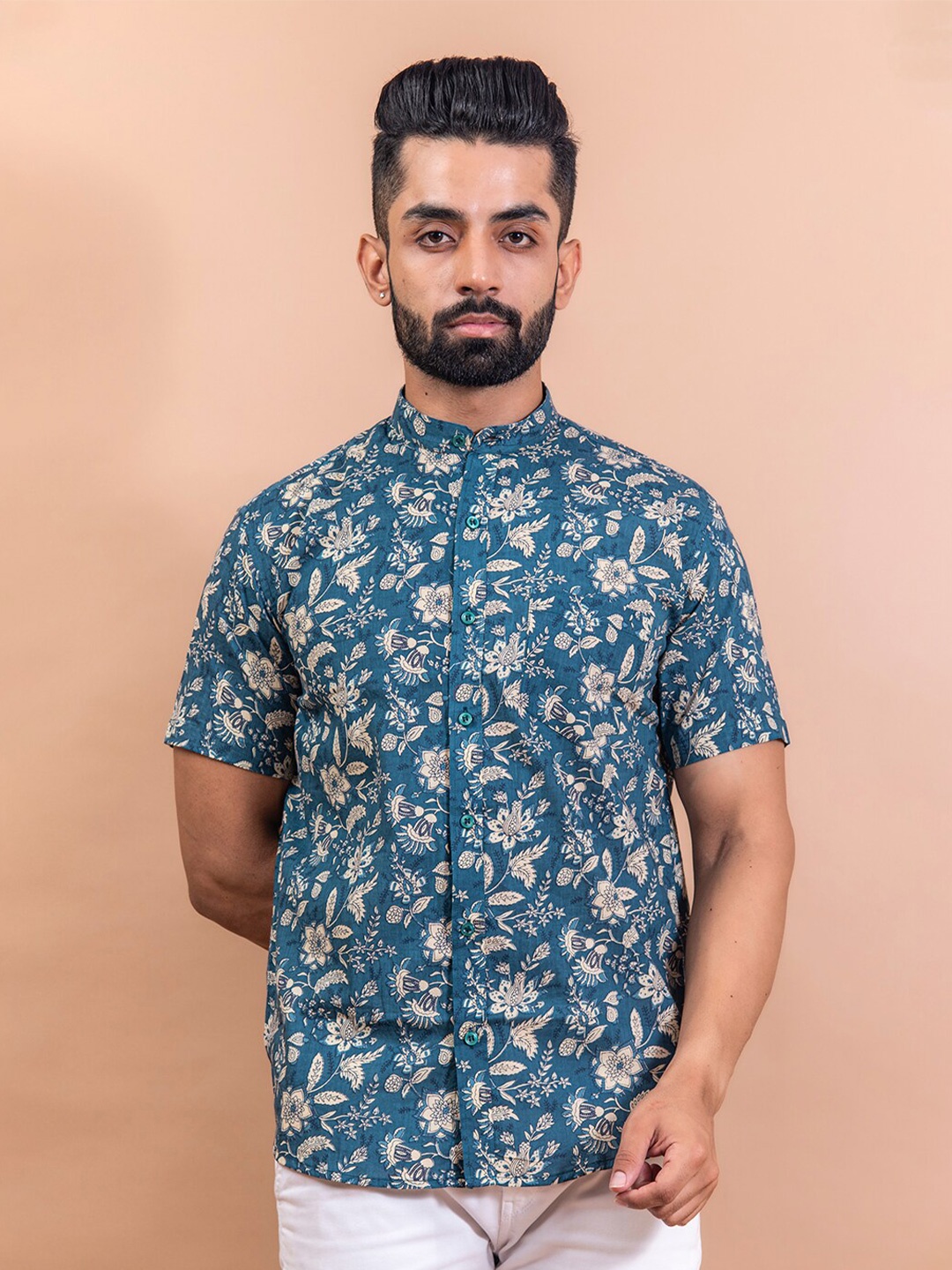 

Tistabene Men Teal Floral Printed Cotton Casual Shirt