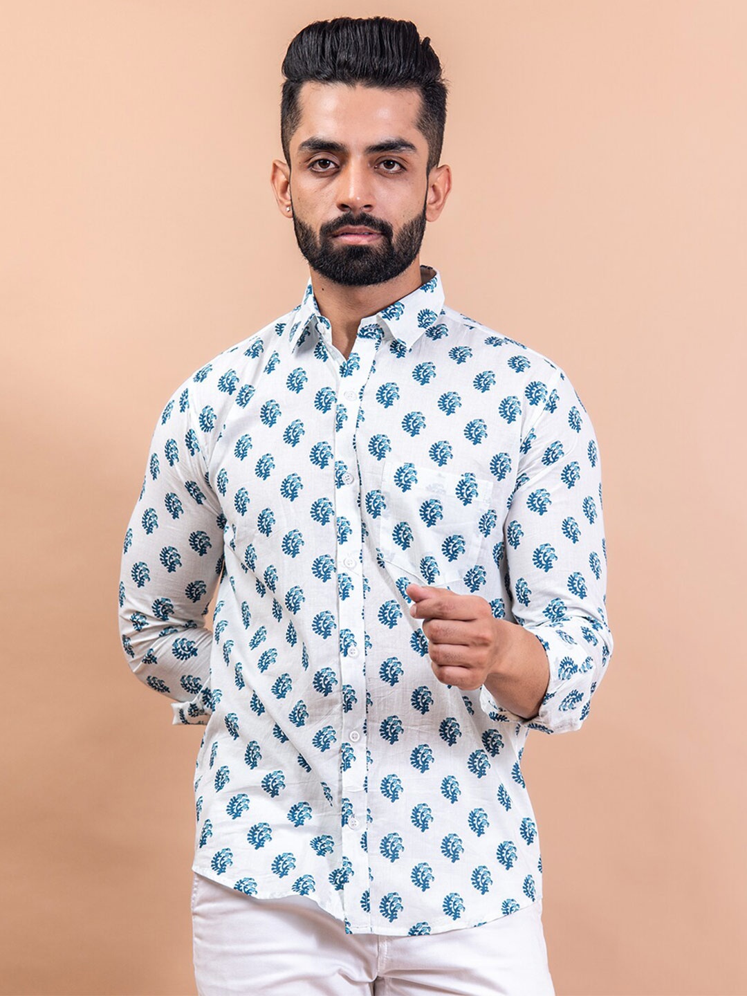 

Tistabene Men White Floral Printed Casual Cotton Shirt