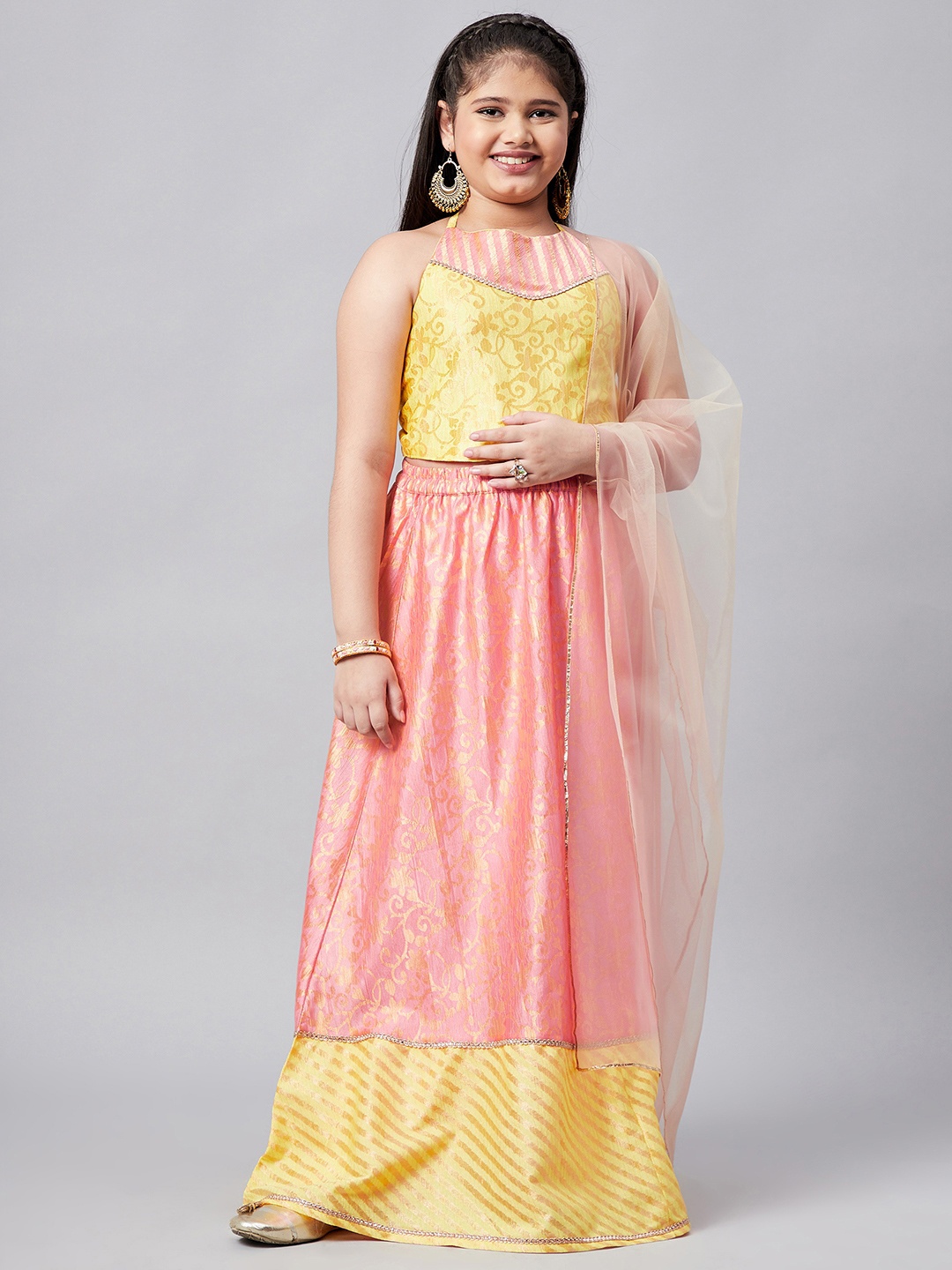 

Stylo Bug Girls Yellow & Pink Printed Layered Ready to Wear Lehenga & Blouse With Dupatta