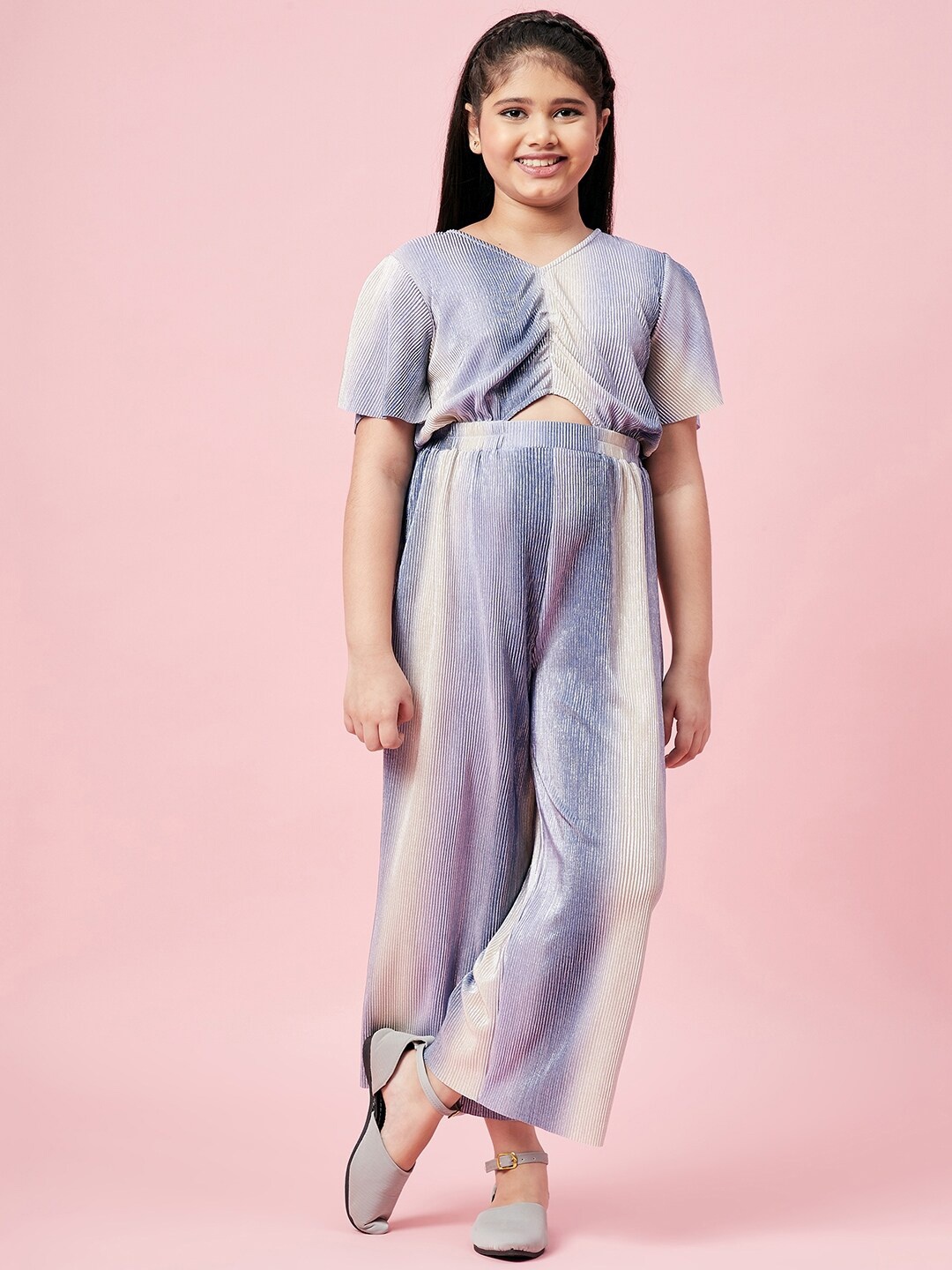 

Stylo Bug Girls Blue & Beige Solid Cut Out Detailed Basic Jumpsuit