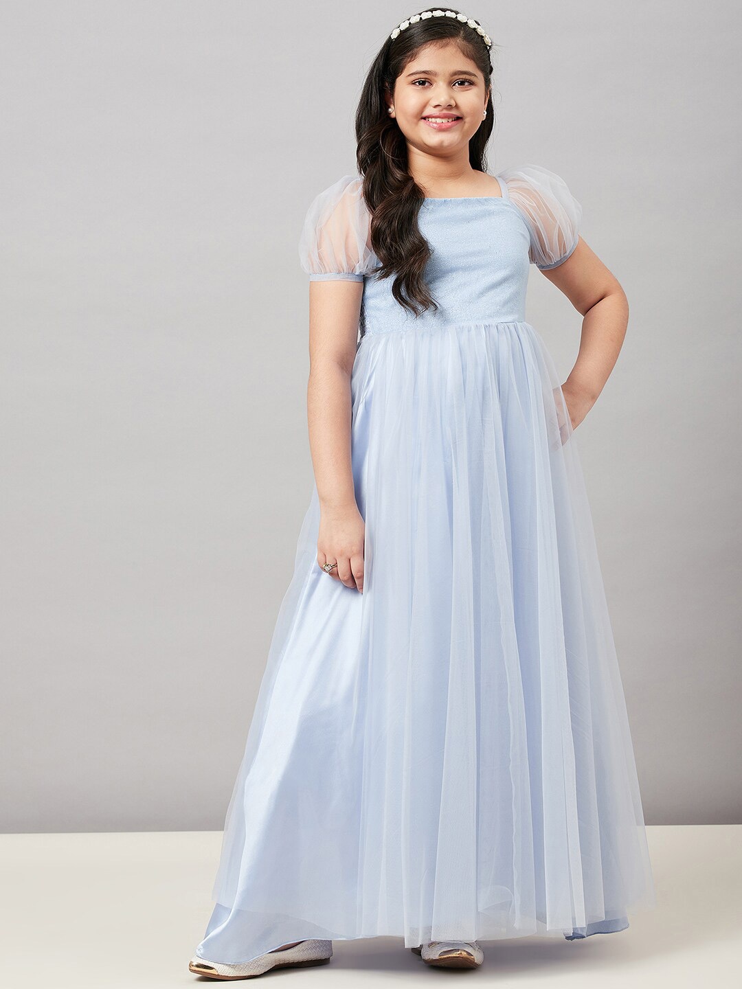 

Stylo Bug Girls Blue Puff Sleeve Fit And Flare Maxi Dress