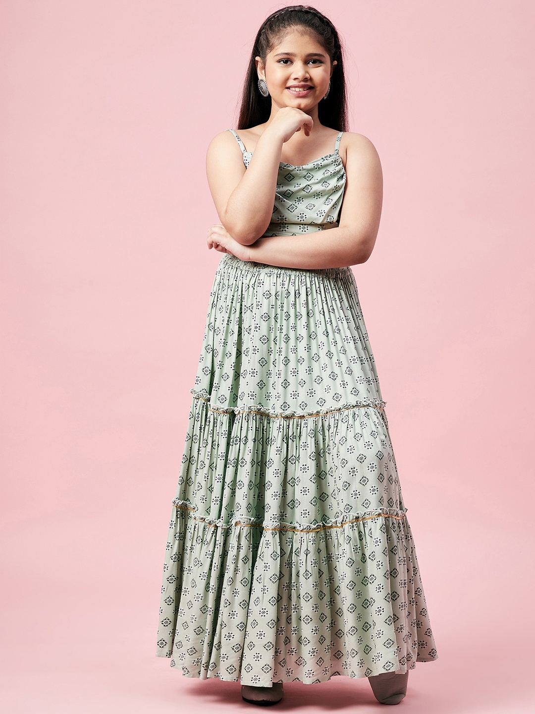 

Stylo Bug Girls Green & Black Printed Layered Ready to Wear Pure Cotton Lehenga & Blouse