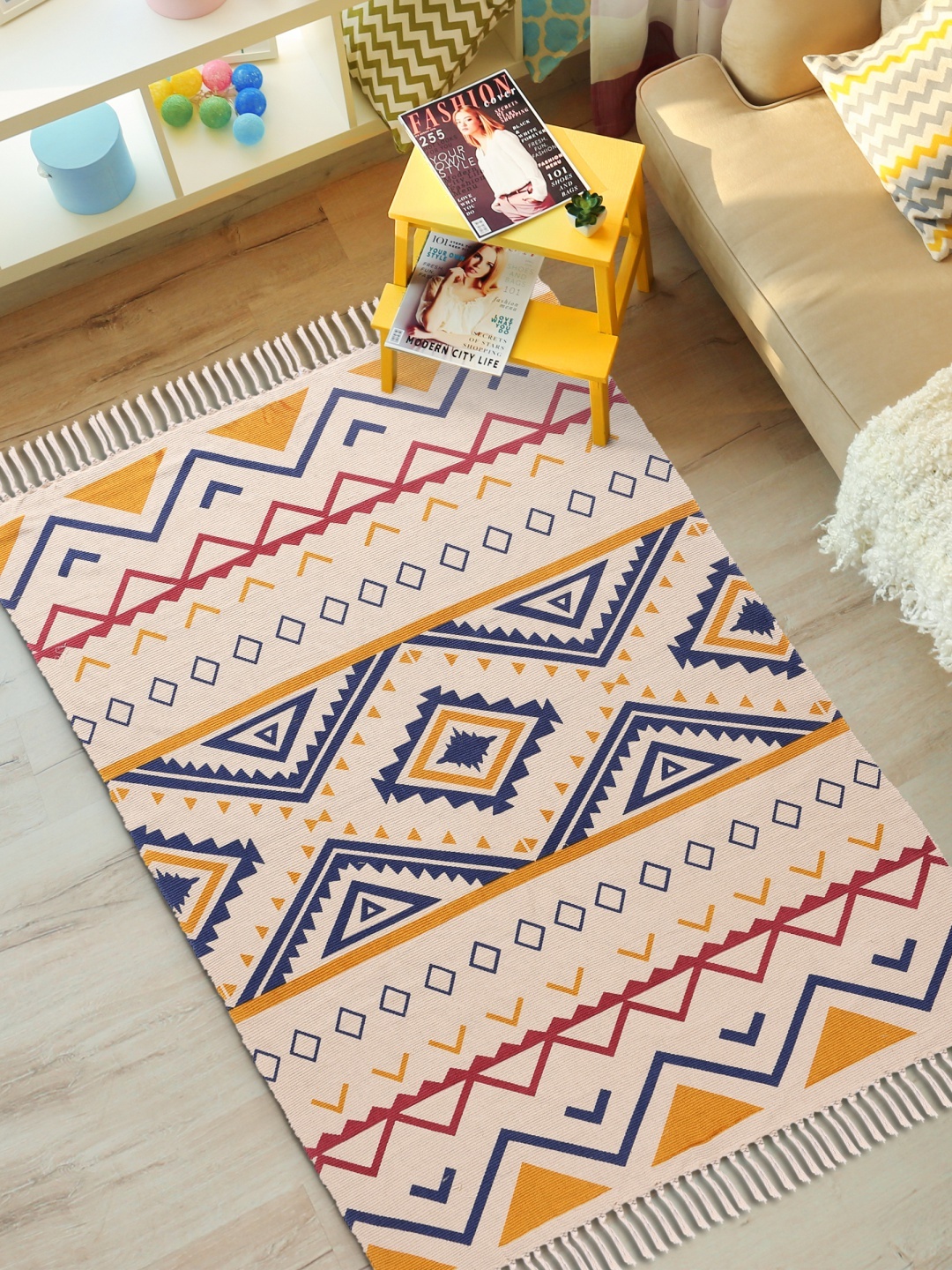 

URBAN SPACE Cream Colored & Blue Bohemian Printed Cotton Carpets