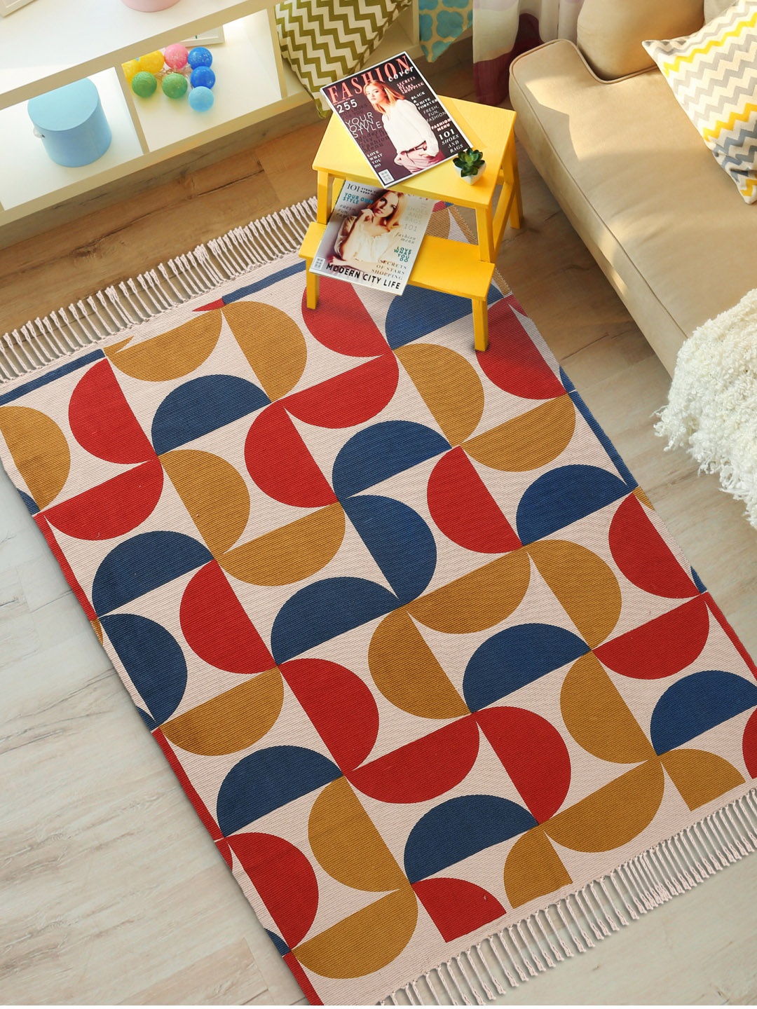 

URBAN SPACE Beige & Blue Printed Pure Cotton 1000 GSM Anti Skid Carpets