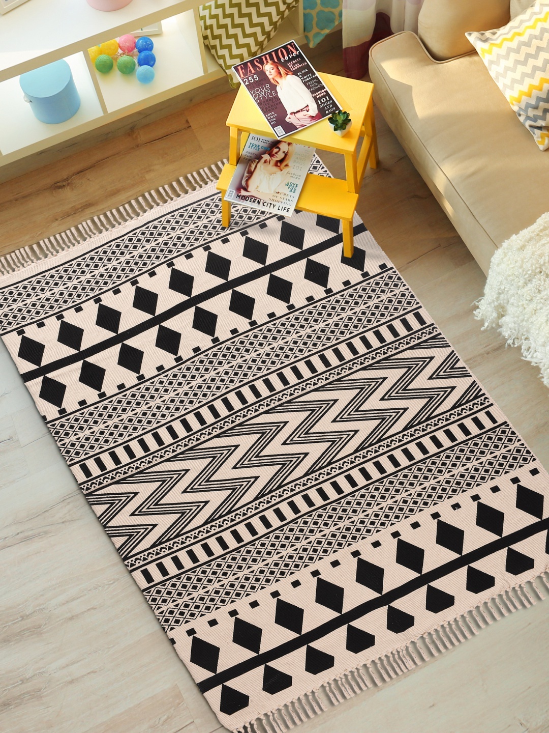 

URBAN SPACE Black & Beige Printed Cotton Anti Skid Carpet