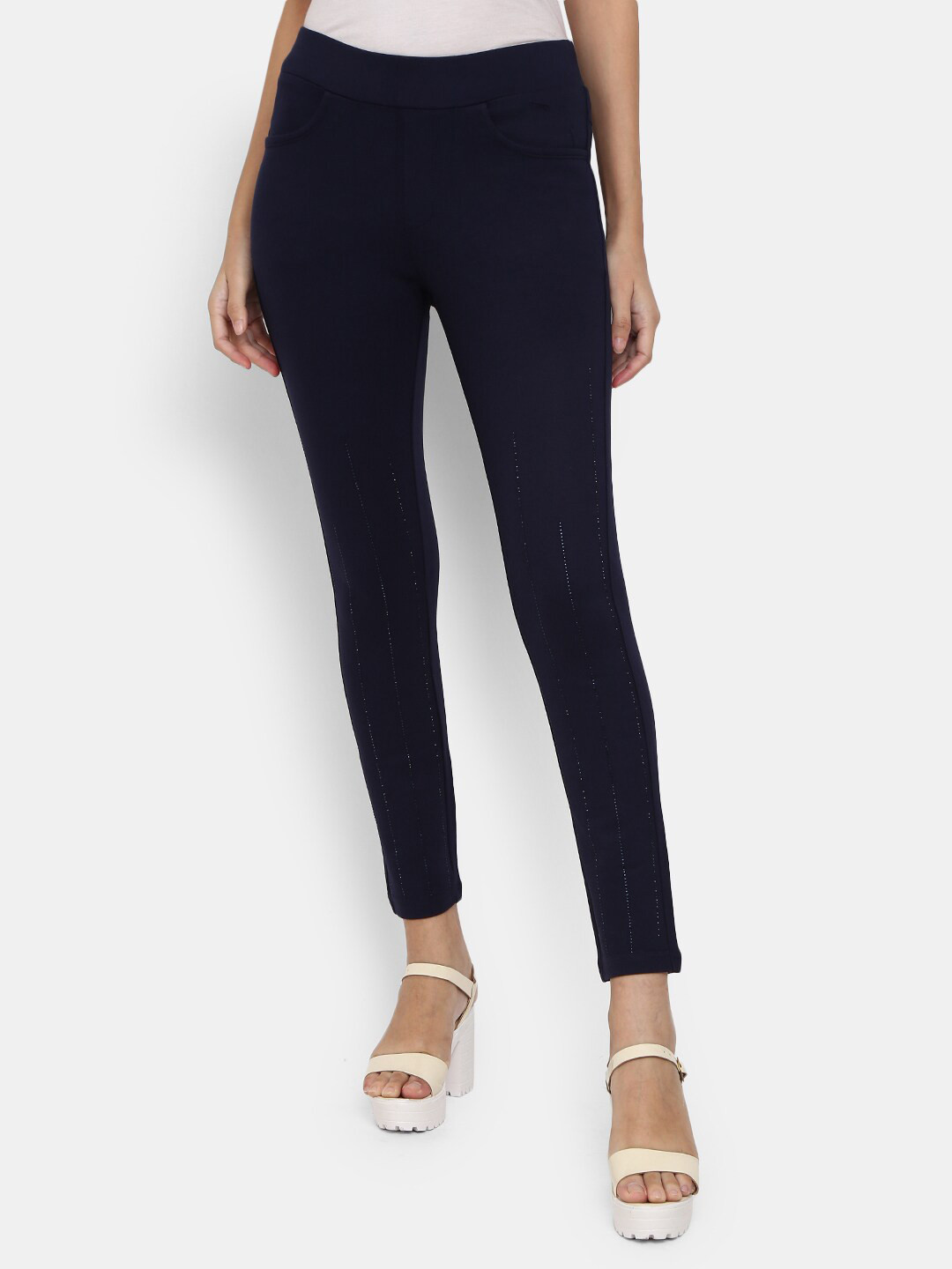 

V-Mart Women Navy Blue Solid Cotton Treggings