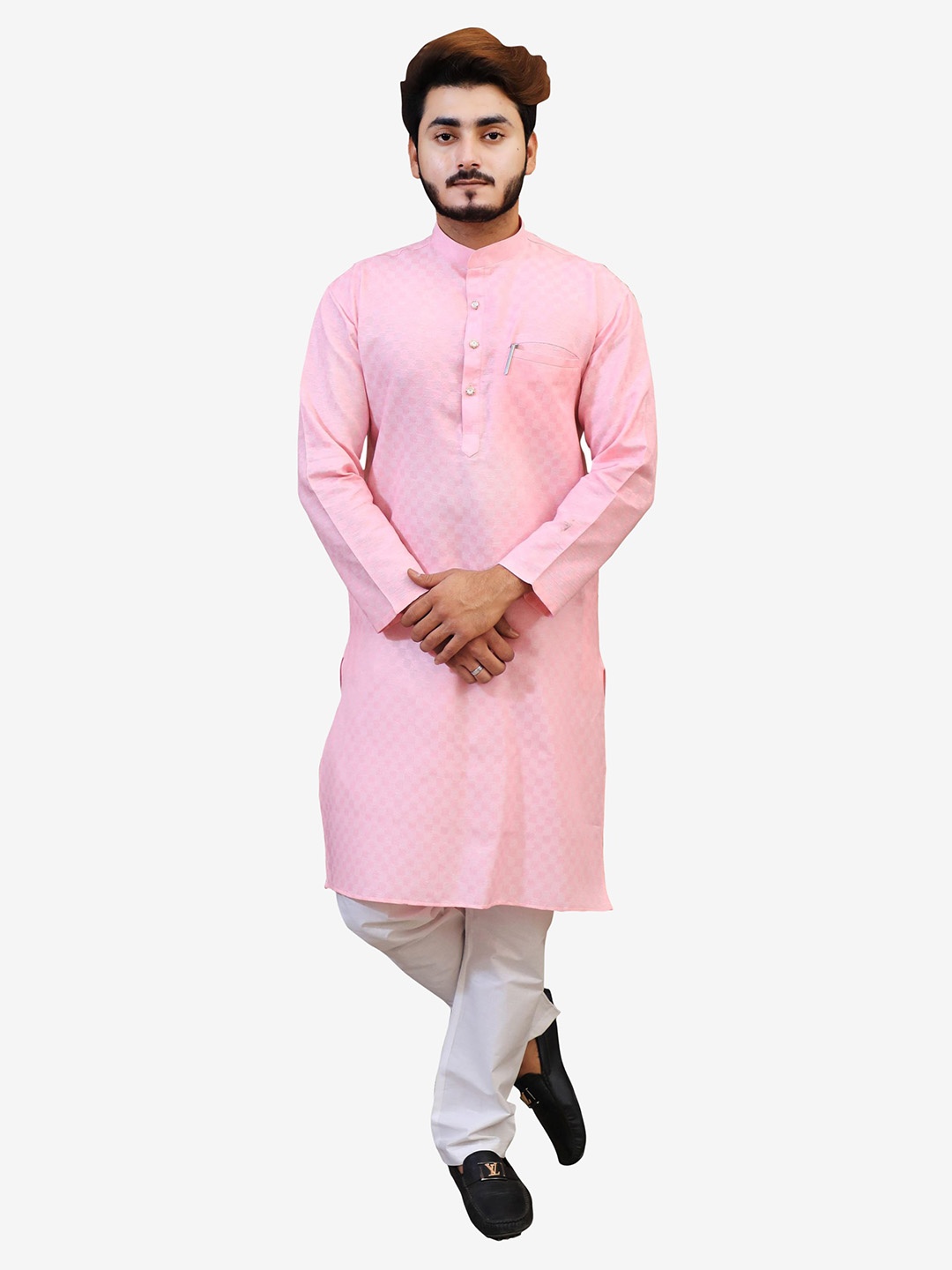 

Tibra Collection Men Pink Checked Pure Cotton Kurta with Pyjamas