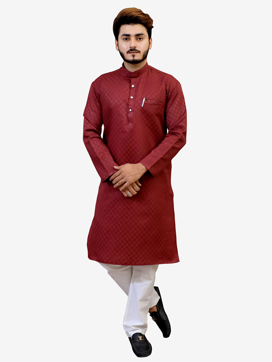 

Tibra Collection Men Maroon Pure Cotton Kurta with Trousers set