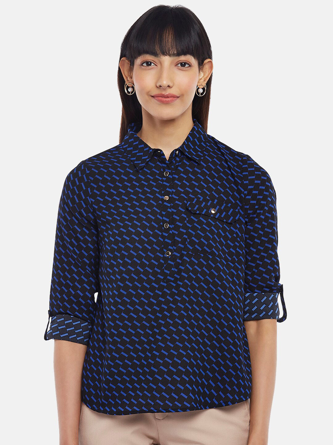 

Annabelle by Pantaloons Women Blue Geometric Print Roll-Up Sleeves Shirt Style Top