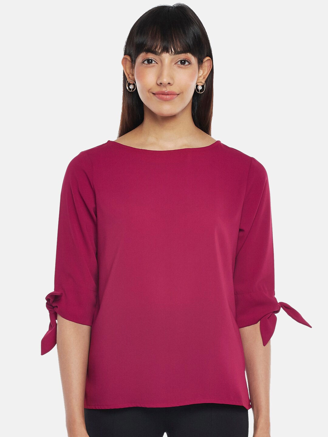 

Annabelle by Pantaloons Women Burgundy Solid Polyester Round Neck Top