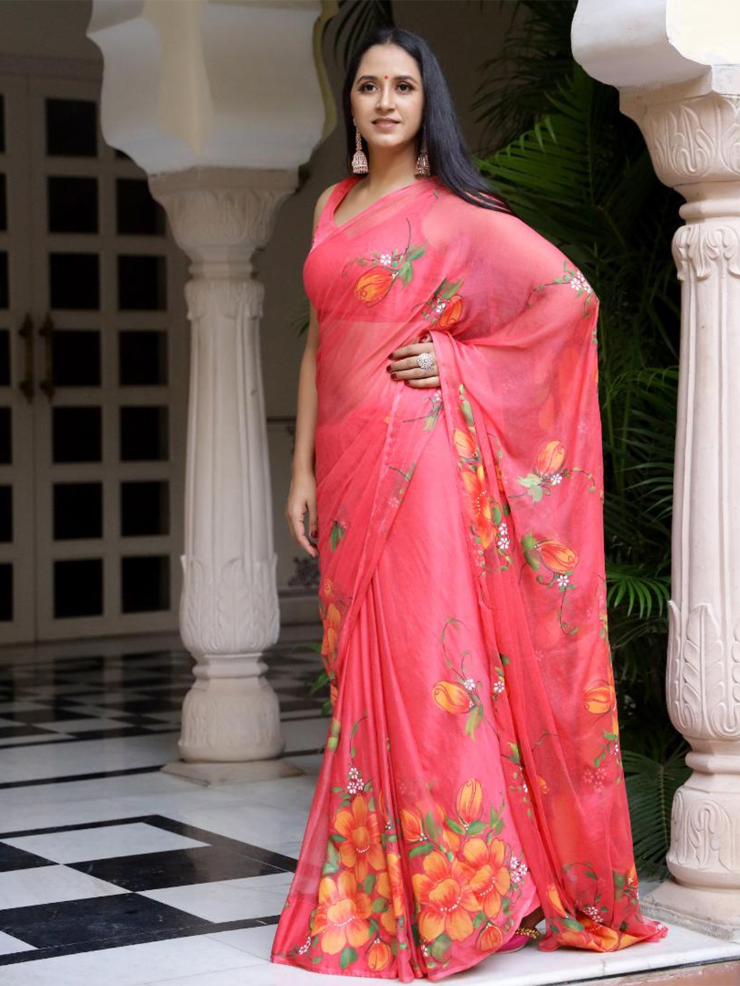 

Baisacrafts Fuchsia & Orange Floral Pure Chiffon Saree