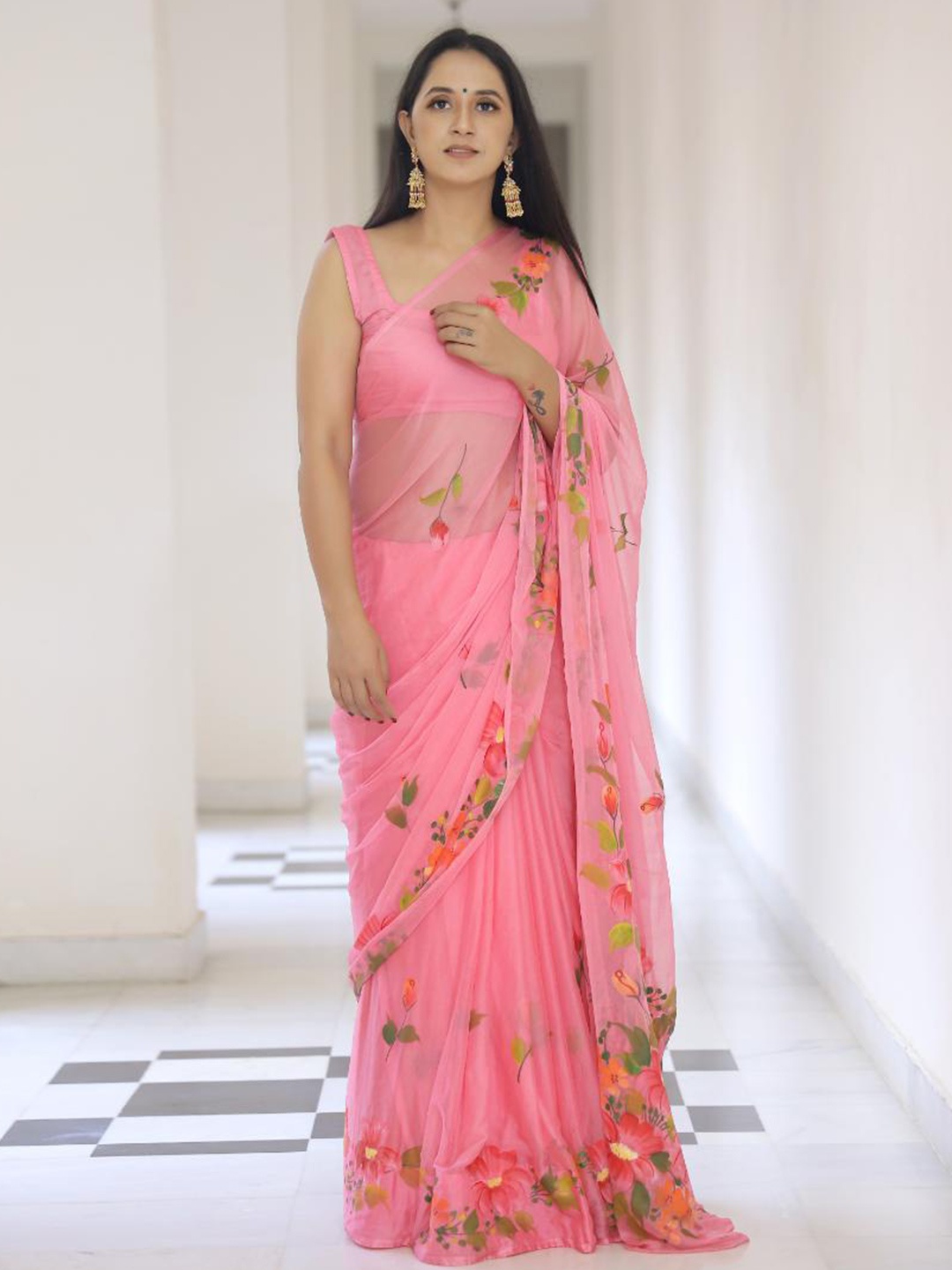 

Baisacrafts Coral & Orange Floral Pure Chiffon Saree