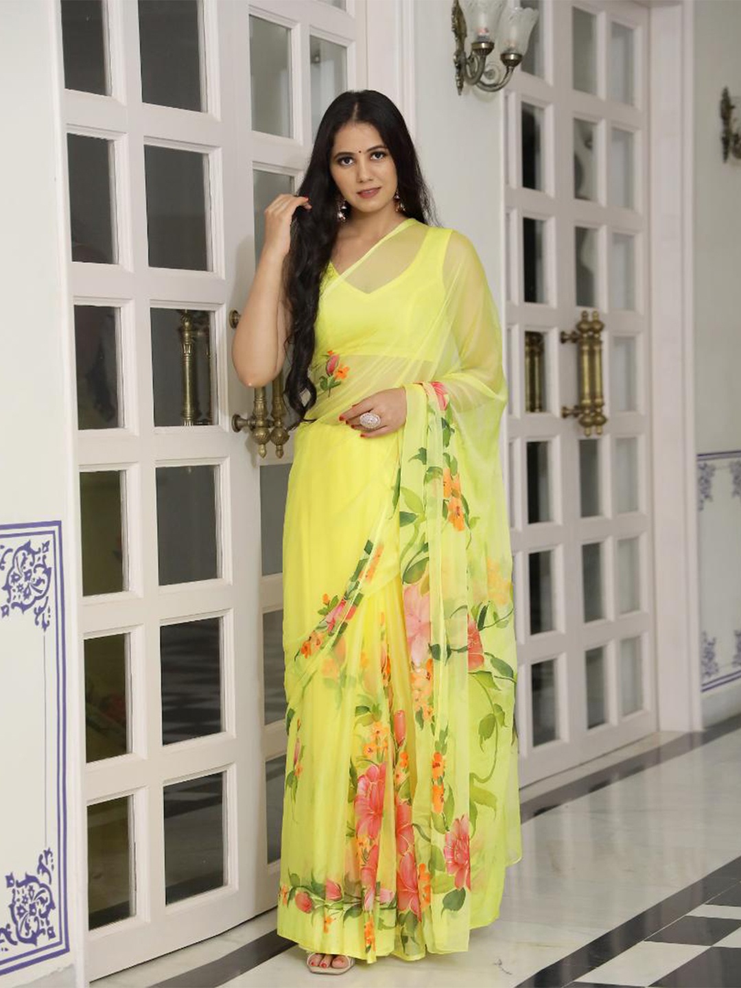 

Baisacrafts Yellow & Red Floral Pure Chiffon Saree