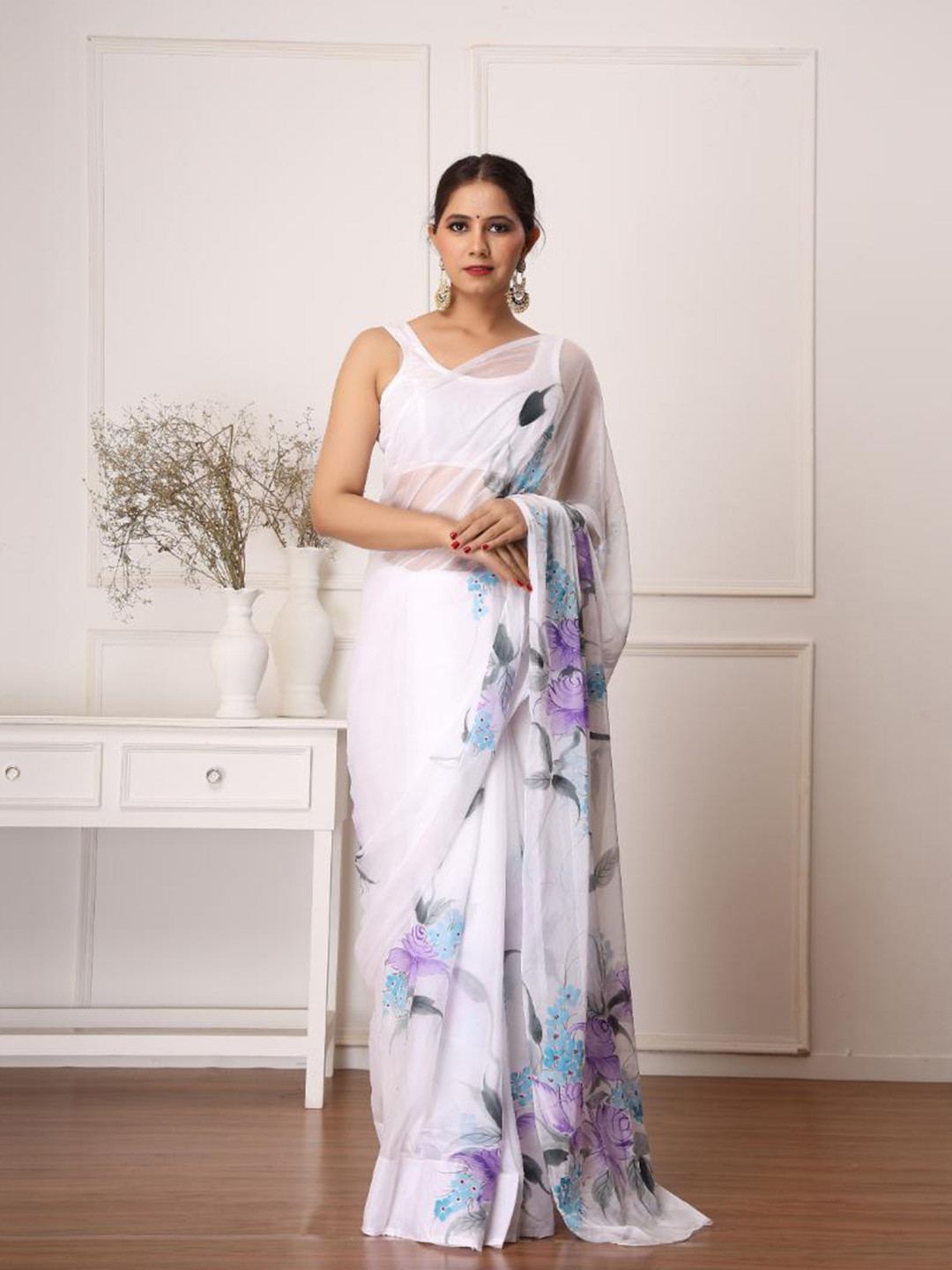 

Baisacrafts White & Purple Floral Pure Chiffon Saree