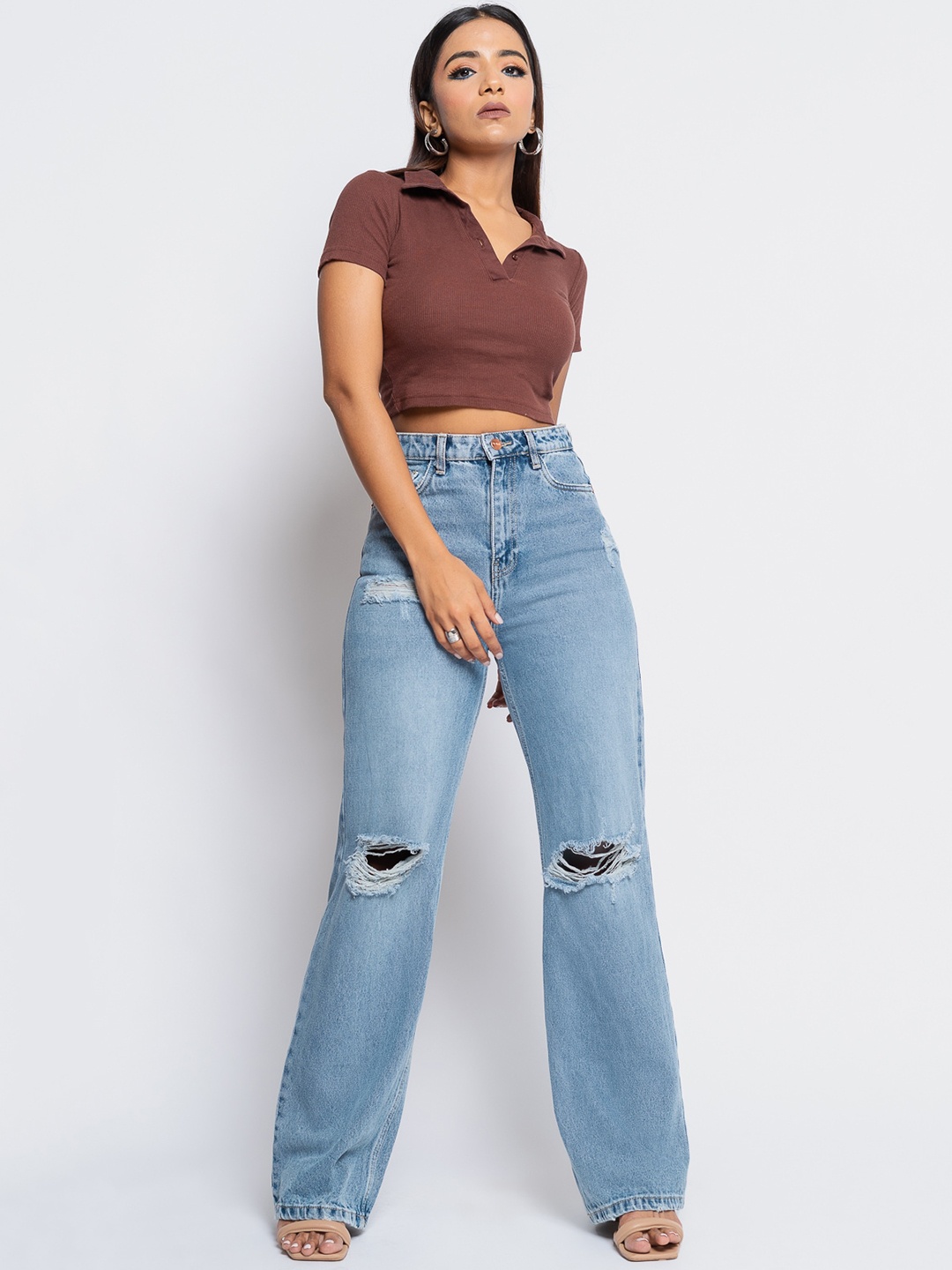 

FREAKINS Women Blue Straight Fit High-Rise Slash Knee Light Fade Jeans