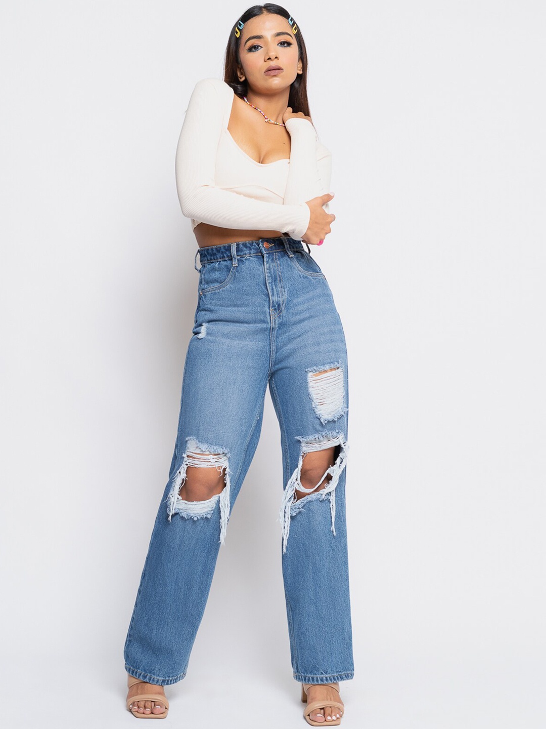 

FREAKINS Women Blue Straight Fit High-Rise Highly Distressed Light Fade Jeans