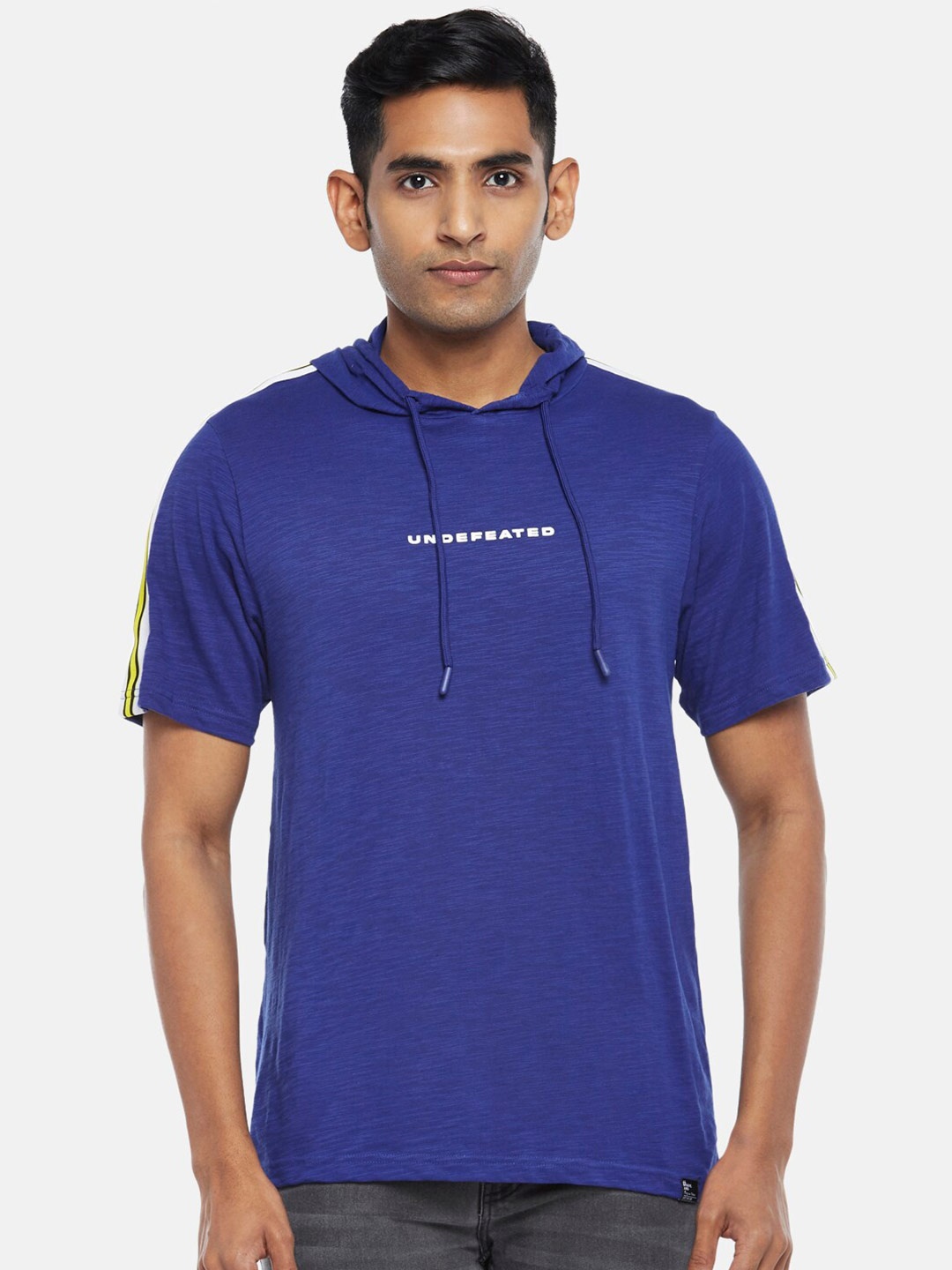 

People Men Blue Typography Hooded Short Sleeves T-shirt