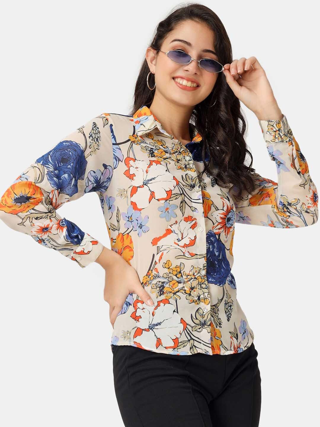

angloindu Women Cream-Coloured Floral Printed Casual Shirt