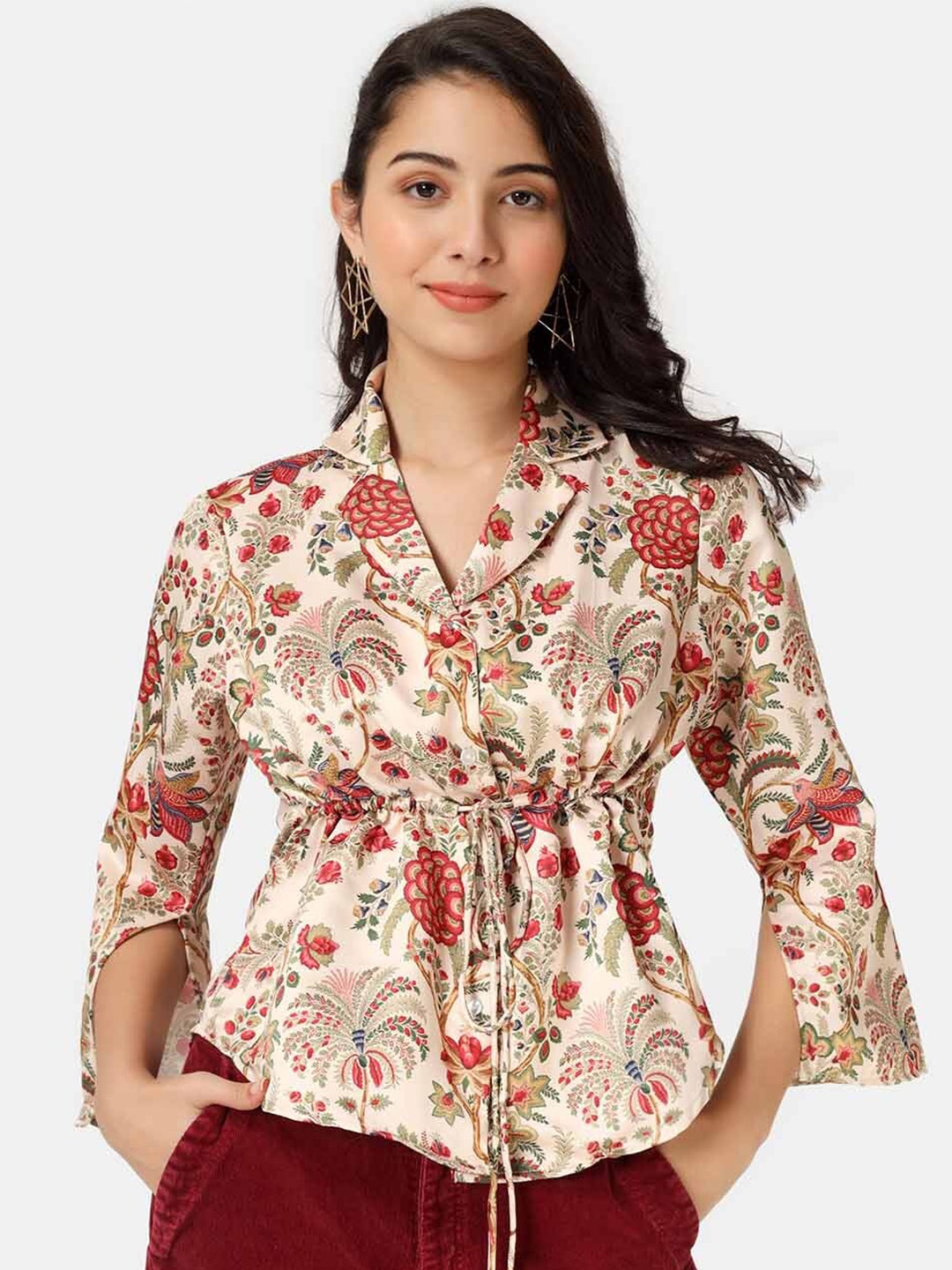 

angloindu Cream-Coloured Floral Print Satin Cinched Waist Top