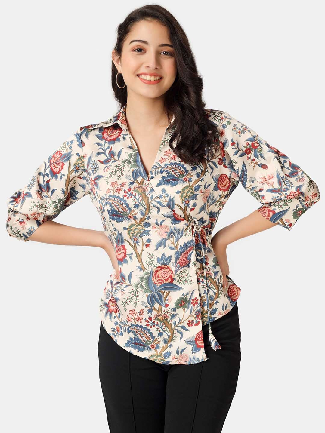 

angloindu Cream-Coloured & Red Floral Print Satin Wrap Top