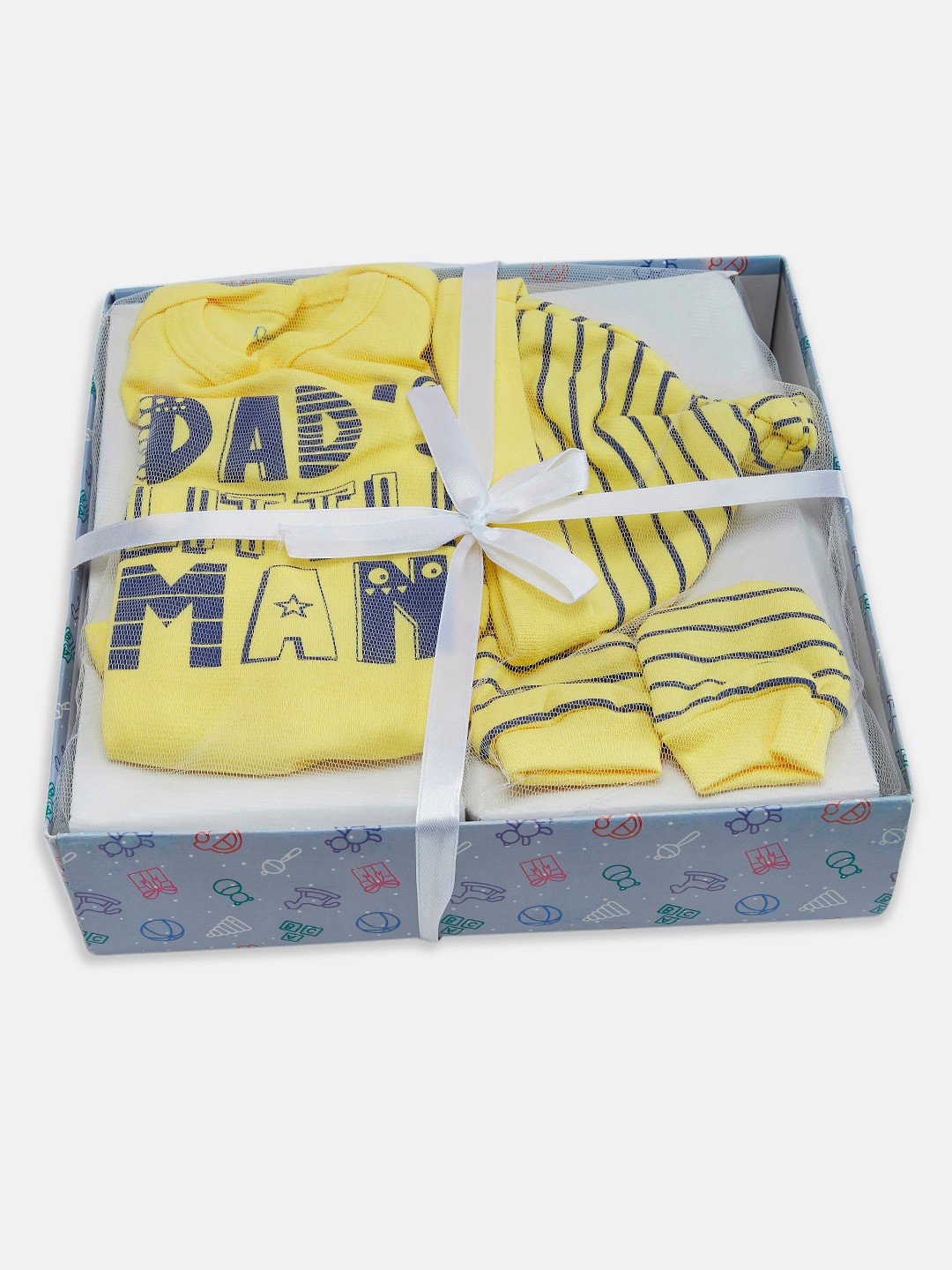 

Pantaloons Baby Infants Yellow & Blue Printed Cotton Bodysuit With Mittens & Caps