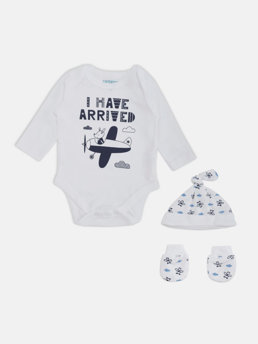 Pantaloons Baby Infants White & Blue Printed Cotton Bodysuit With Mittens & Caps
